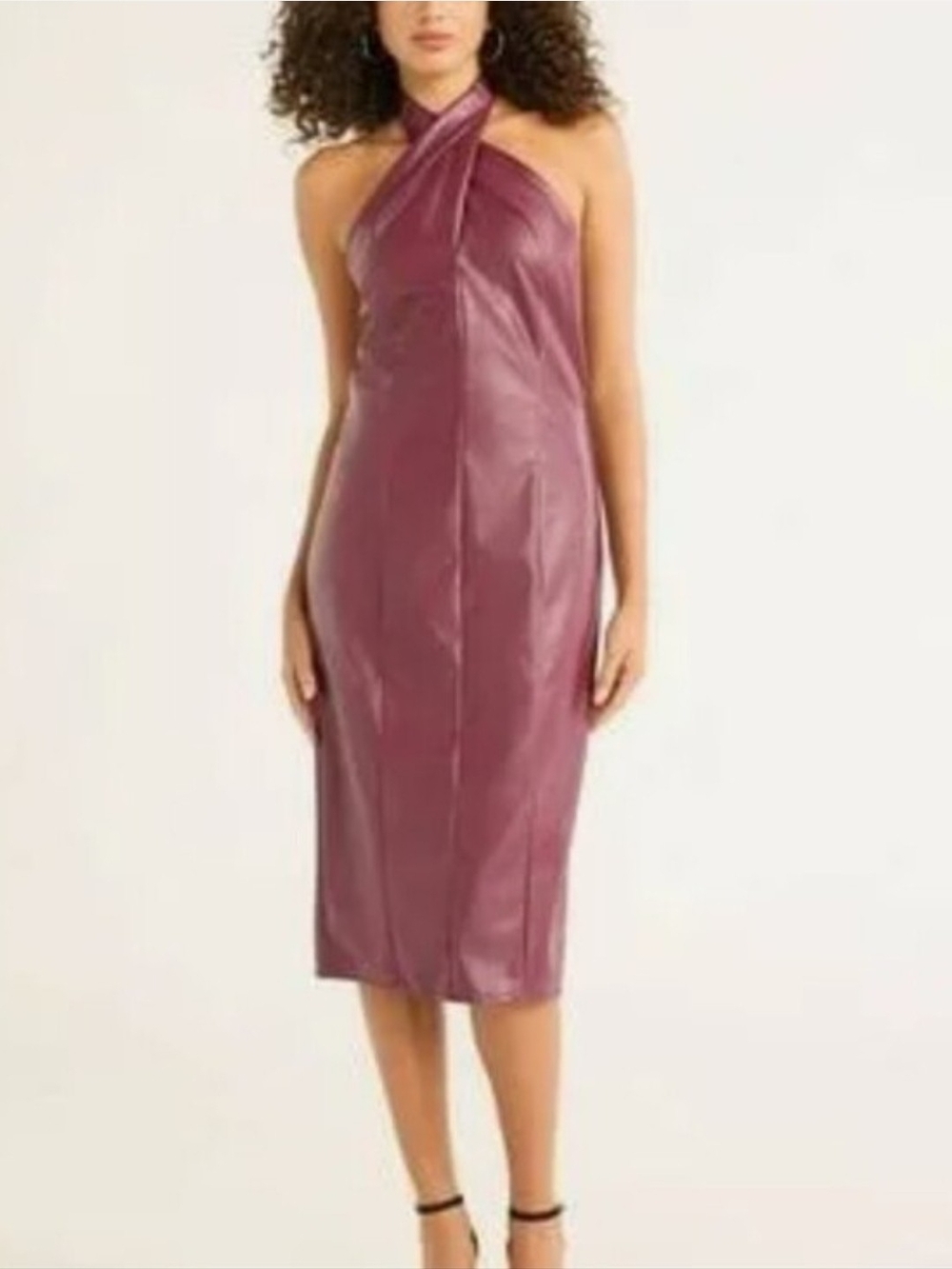 Faux-Leather Halter Midi Dress Sz M